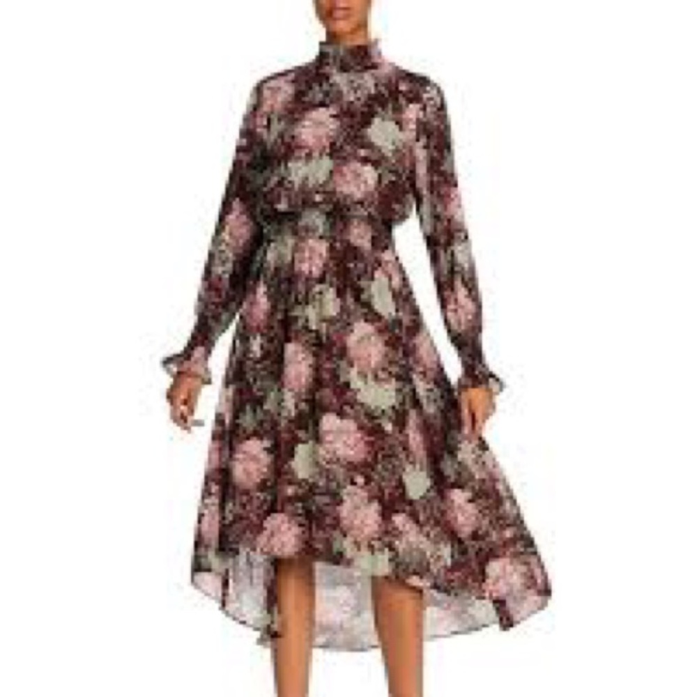 Nanette Lepore Dress Floral Smocked High Low Long Sleeve